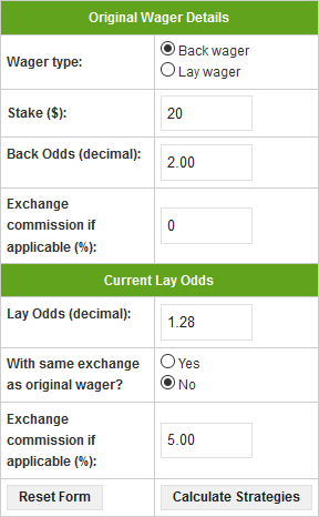 Betting exchange arbitrage and hedging calculator screenshot