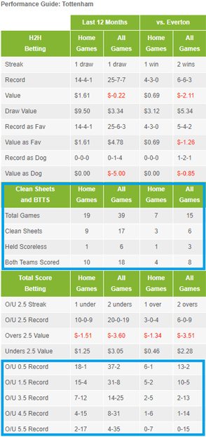 Performance Summary screenshot for Tottenham v Everton