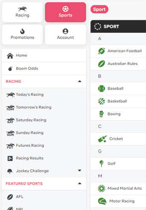 BoomBet navigation screenshot