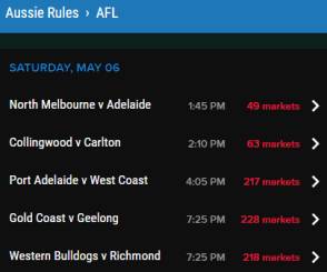 PointsBet fixtures display